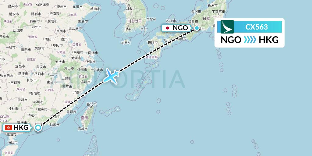 CX563 Cathay Pacific Flight Map: Nagoya to Hong Kong