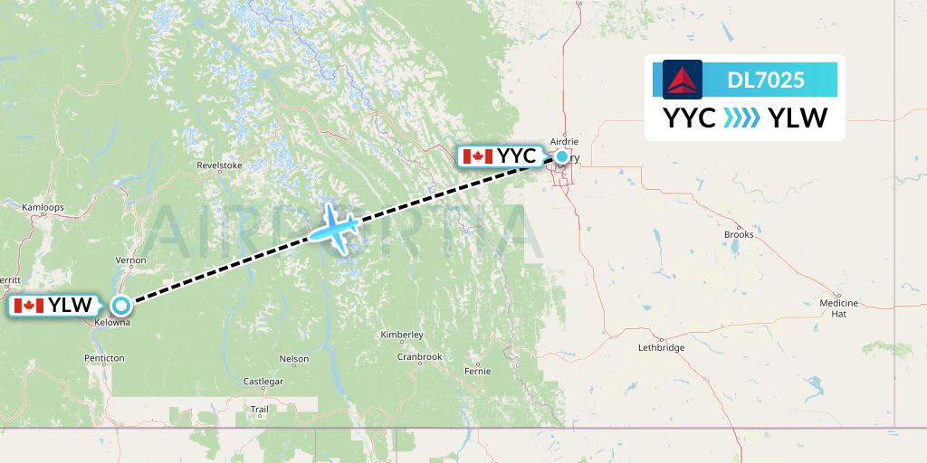 DL7025 Delta Air Lines Flight Map: Calgary to Kelowna