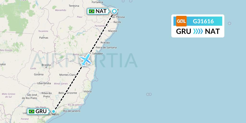 G31616 GOL Transportes Aeros Flight Map: Sao Paulo to Natal