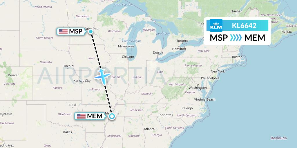 KL6642 KLM Flight Map: Minneapolis to Memphis