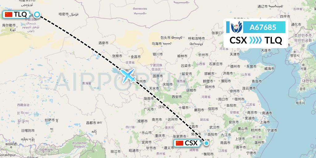 A67685 Hongtu Airlines Flight Map: Changsha to Turpan