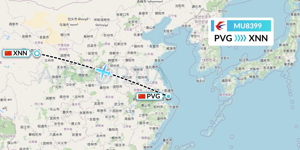 MU8399 China Eastern Airlines Flight Map: Shanghai to Xining