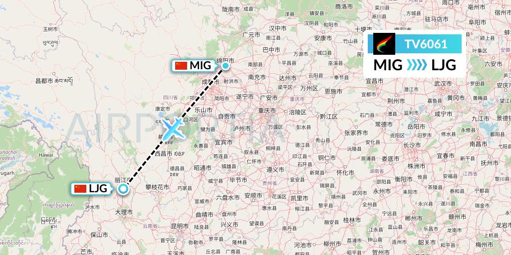 TV6061 Tibet Airlines Flight Map: Mianyang to Lijiang