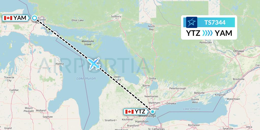 TS7344 Air Transat Flight Map: Toronto to Sault Ste. Marie