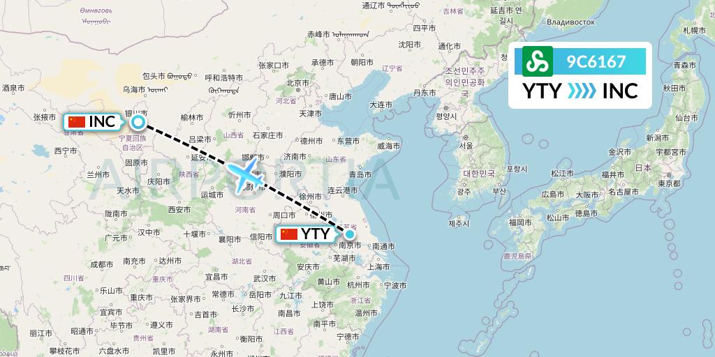 9C6167 Spring Airlines Flight Map: Yangzhou to Yinchuan