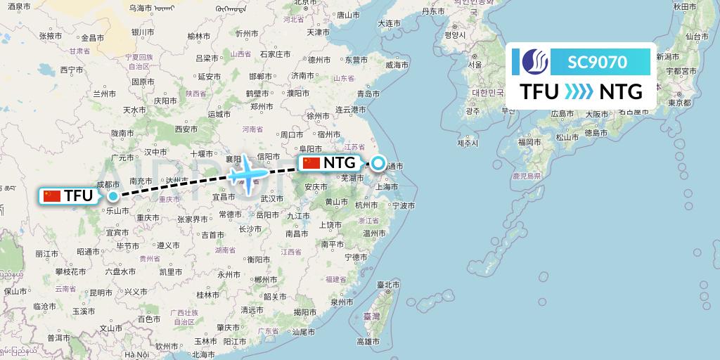SC9070 Shandong Airlines Flight Map: Chengdu to Nantong