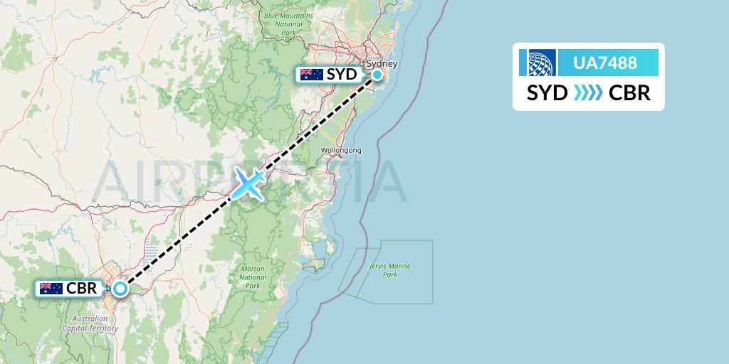 UA7488 United Airlines Flight Map: Sydney to Canberra