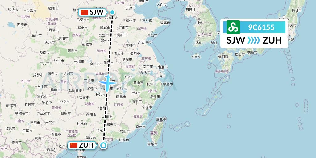 9C6155 Spring Airlines Flight Map: Shijiazhuang to Zhuhai