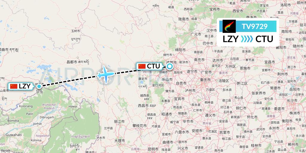 TV9729 Tibet Airlines Flight Map: Nyingchi to Chengdu