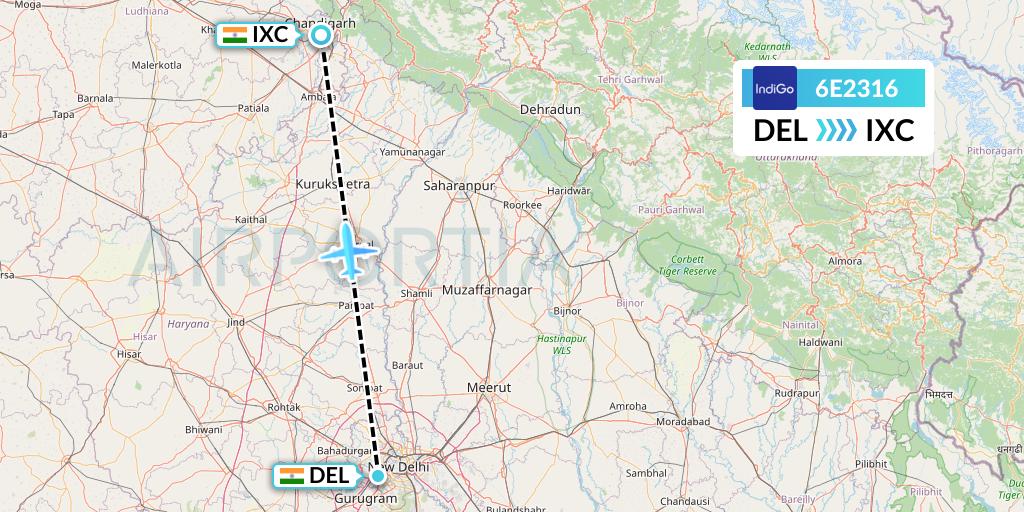 6E2316 IndiGo Airlines Flight Map: Delhi to Chandigarh
