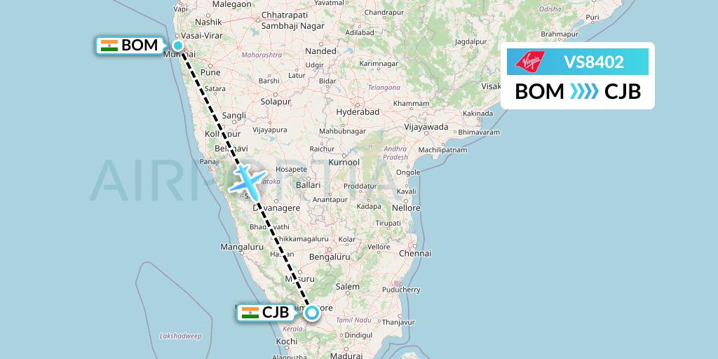 VS8402 Virgin Atlantic Airways Flight Map: Mumbai to Coimbatore