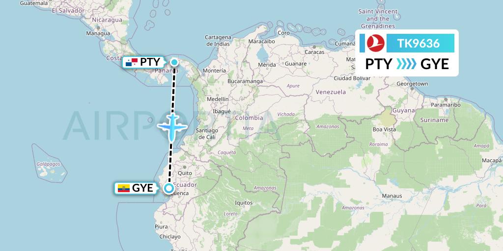 TK9636 Turkish Airlines Flight Map: Panama City to Guayaquil