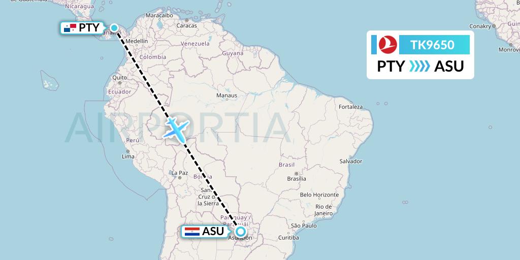 TK9650 Turkish Airlines Flight Map: Panama City to Asuncion
