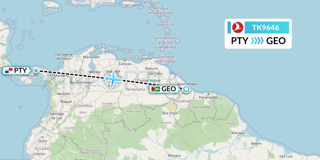 TK9646 Turkish Airlines Flight Map: Panama City to Georgetown