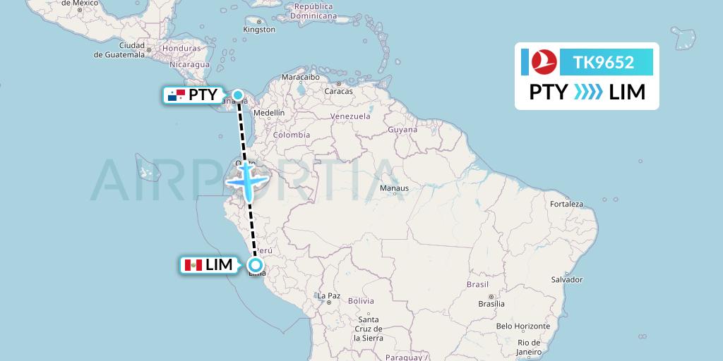 TK9652 Turkish Airlines Flight Map: Panama City to Lima