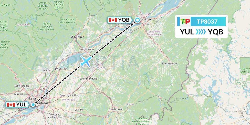 TP8037 TAP Portugal Flight Map: Montreal to Quebec
