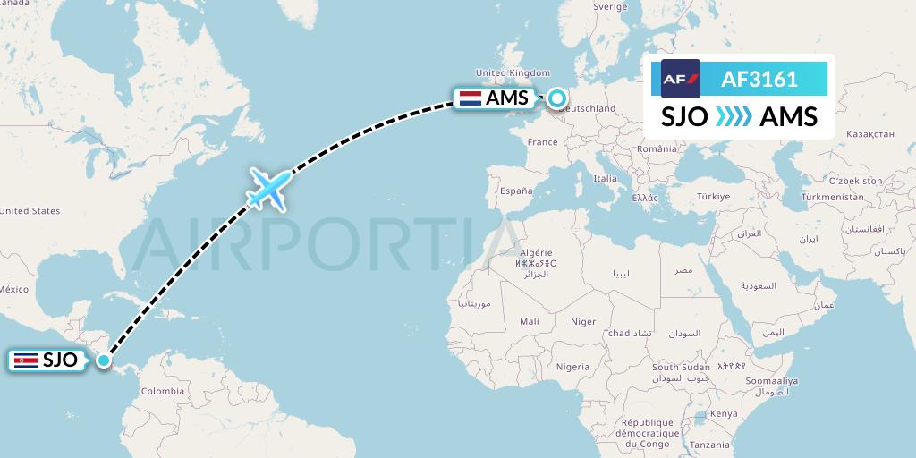 AF3161 Air France Flight Map: San Jose to Amsterdam