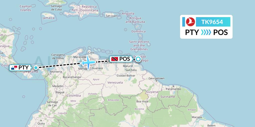 TK9654 Turkish Airlines Flight Map: Panama City to Port of Spain