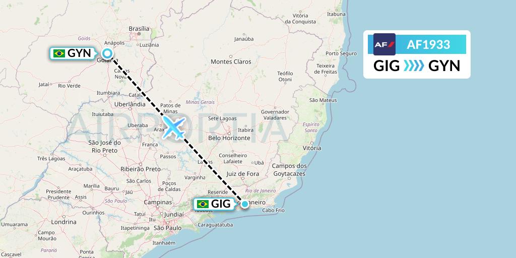 AF1933 Air France Flight Map: Rio de Janeiro to Goiania