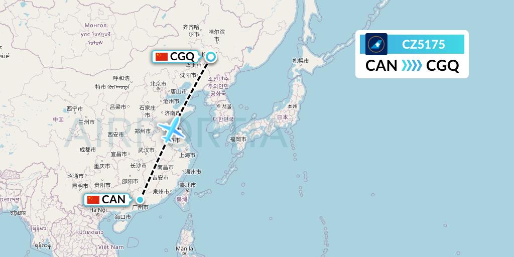 CZ5175 China Southern Airlines Flight Map: Guangzhou to Changchun