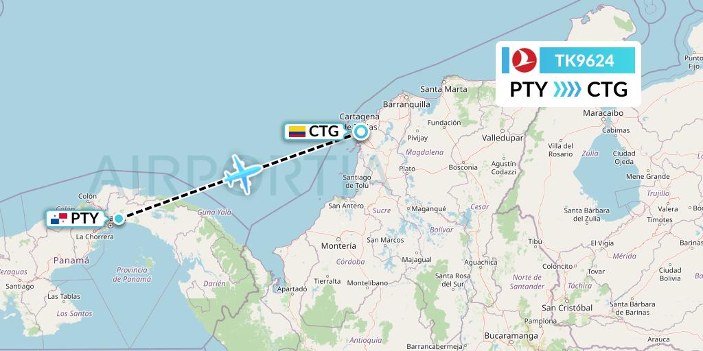 TK9624 Turkish Airlines Flight Map: Panama City to Cartagena