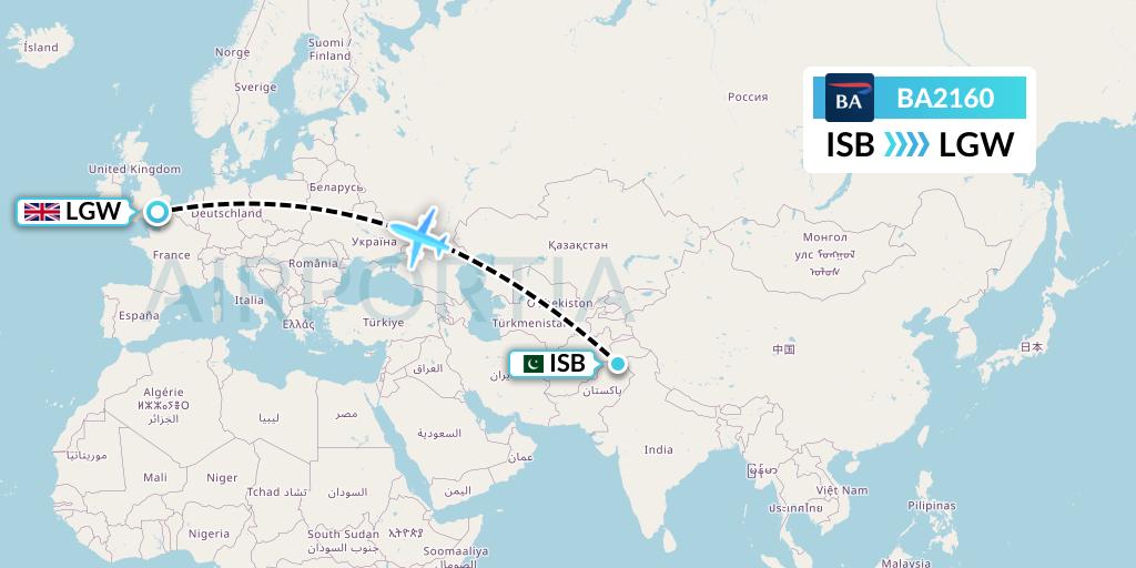 BA2160 British Airways Flight Map: Islamabad to London