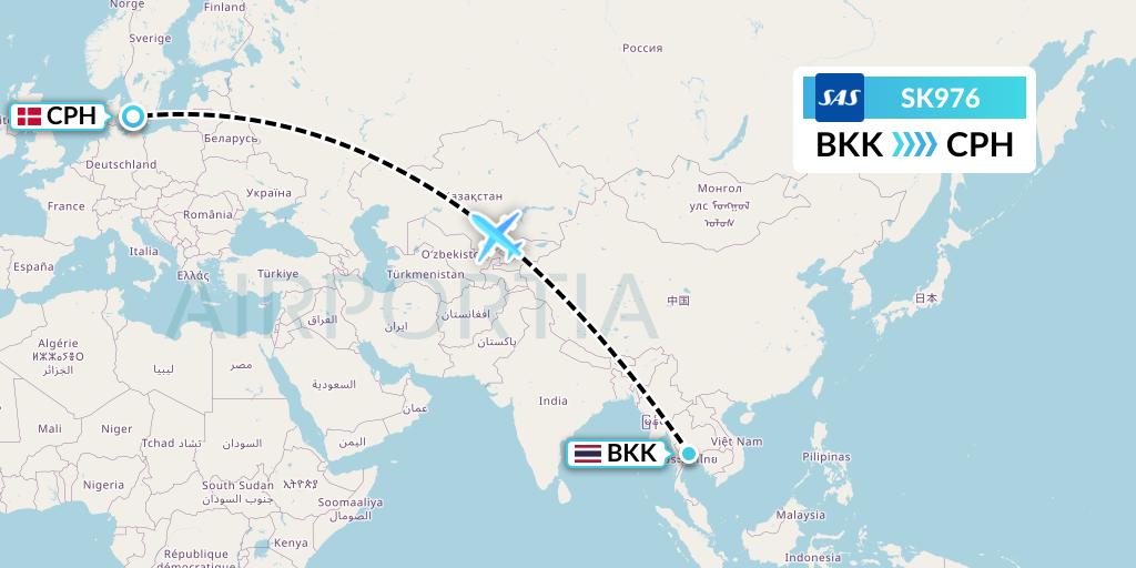 SK976 SAS Flight Map: Bangkok to Copenhagen