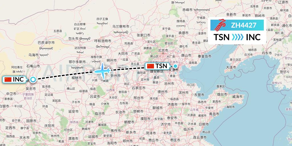 ZH4427 Shenzhen Airlines Flight Map: Tianjin to Yinchuan