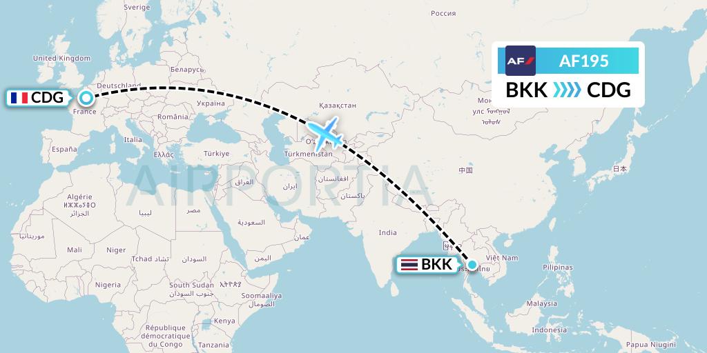 AF195 Air France Flight Map: Bangkok to Paris