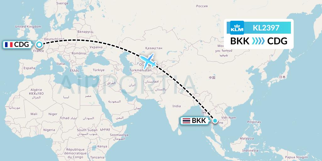 KL2397 KLM Flight Map: Bangkok to Paris