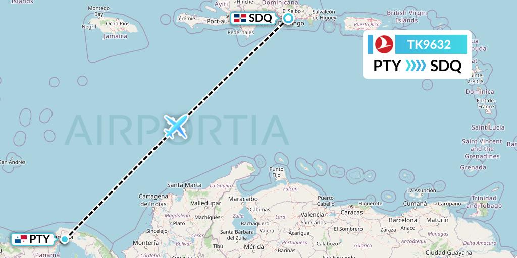 TK9632 Turkish Airlines Flight Map: Panama City to Santo Domingo