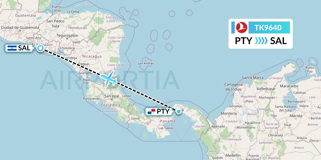 TK9640 Turkish Airlines Flight Map: Panama City to San Salvador