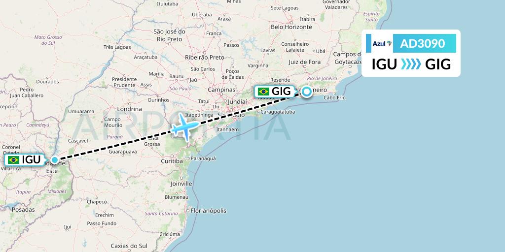AD3090 Azul Brazilian Airlines Flight Map: Foz do Iguacu to Rio de Janeiro