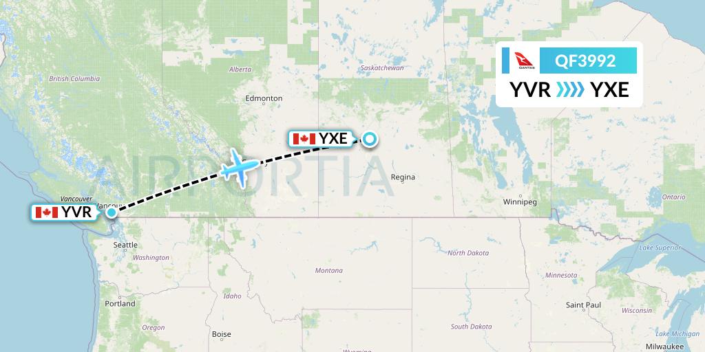QF3992 Qantas Flight Map: Vancouver to Saskatoon