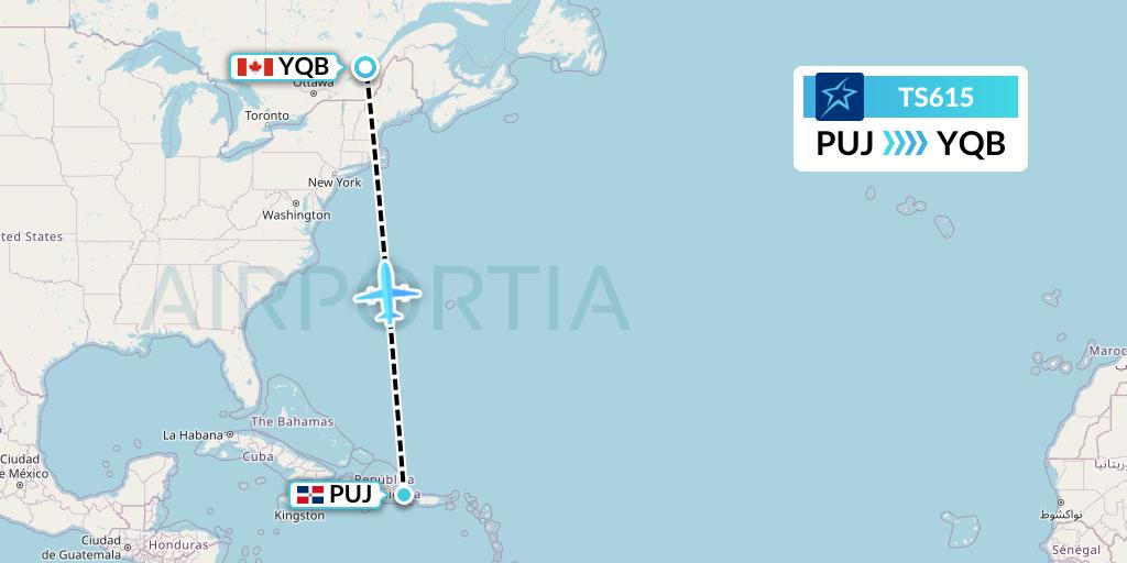 TS615 Air Transat Flight Map: Punta Cana to Quebec