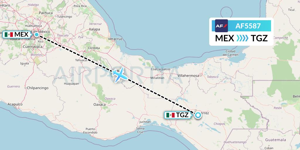AF5587 Air France Flight Map: Mexico City to Tuxtla Gutierrez