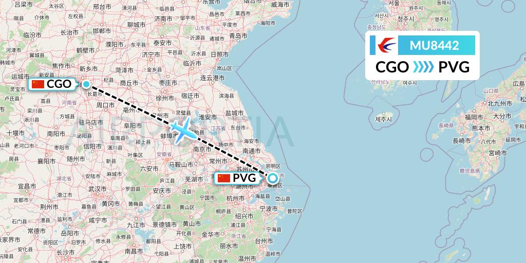 MU8442 China Eastern Airlines Flight Map: Zhengzhou to Shanghai