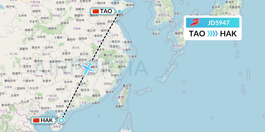 JD5947 Capital Airlines Flight Map: Qingdao to Haikou