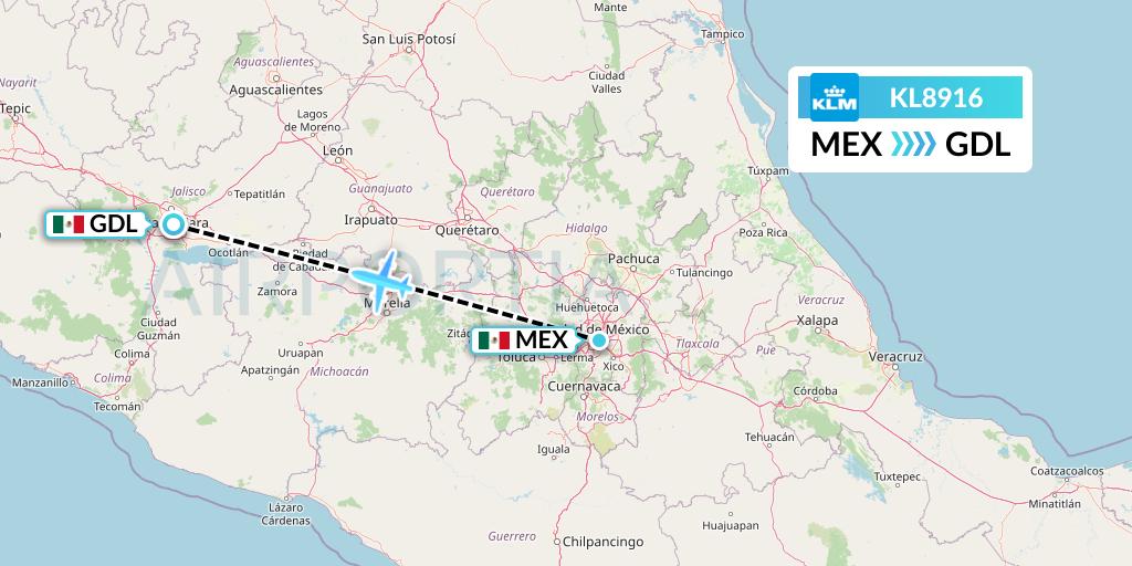 KL8916 KLM Flight Map: Mexico City to Guadalajara