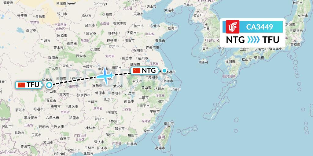 CA3449 Air China Flight Map: Nantong to Chengdu