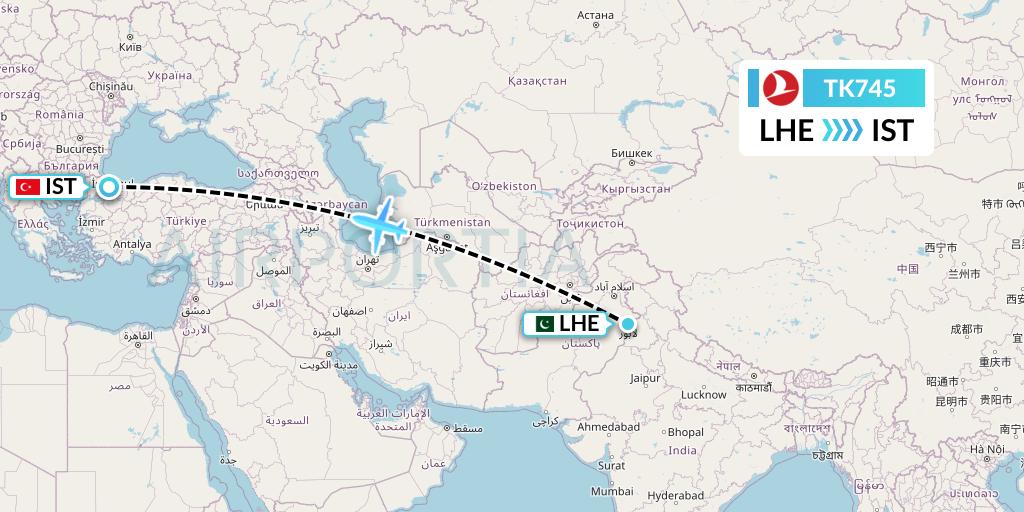TK745 Turkish Airlines Flight Map: Lahore to Istanbul