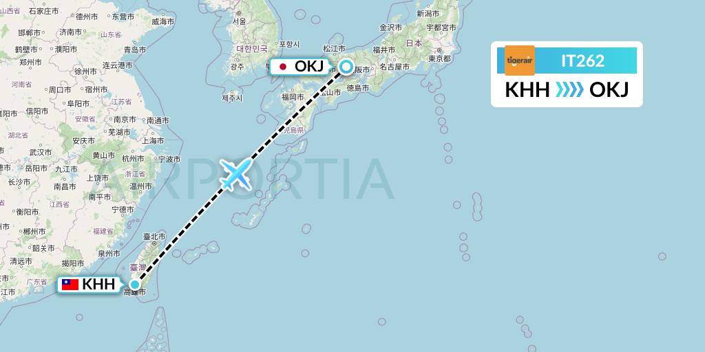 IT262 Tigerair Taiwan Flight Map: Kaohsiung to Okayama