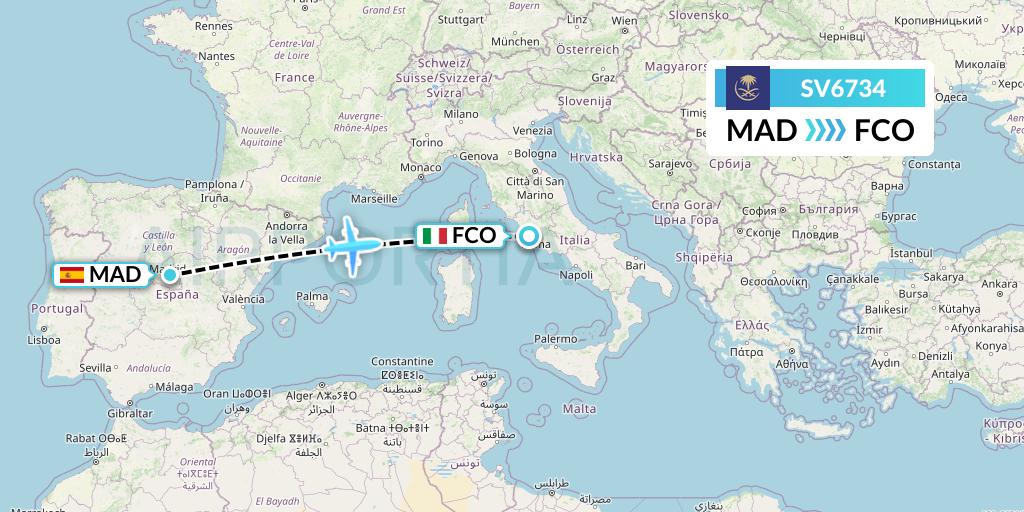 SV6734 Saudi Arabian Airlines Flight Map: Madrid to Rome