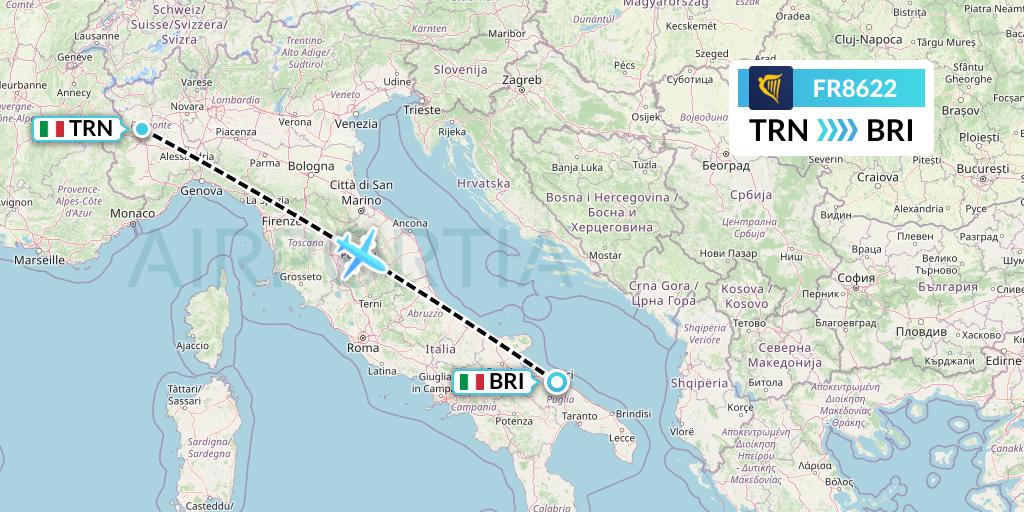 FR8622 Ryanair Flight Map: Turin to Bari