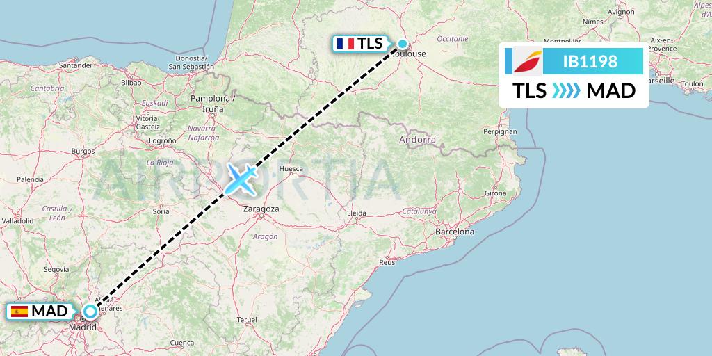 IB1198 Iberia Flight Map: Toulouse to Madrid