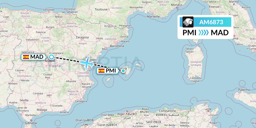 AM6873 Aeromexico Flight Map: Palma de Mallorca to Madrid