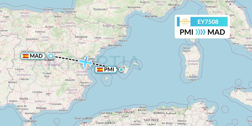 EY7508 Etihad Airways Flight Map: Palma de Mallorca to Madrid
