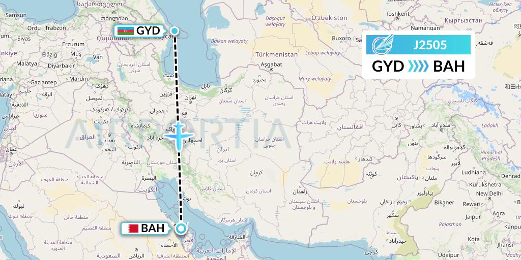 J2505 Azerbaijan Airlines Flight Map: Baku to Bahrain