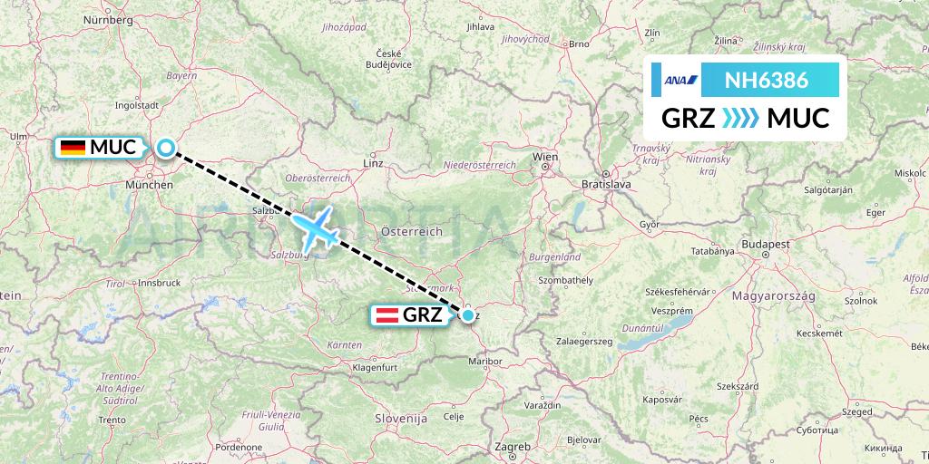 NH6386 All Nippon Airways Flight Map: Graz to Munich