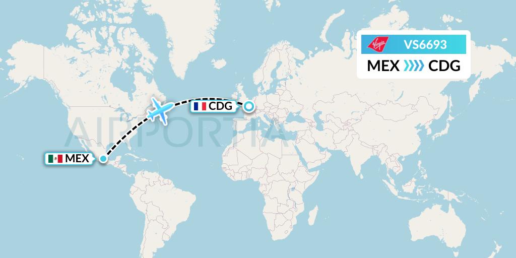 VS6693 Virgin Atlantic Airways Flight Map: Mexico City to Paris